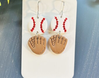 Mini size, linked baseball and glove clay dangle earring