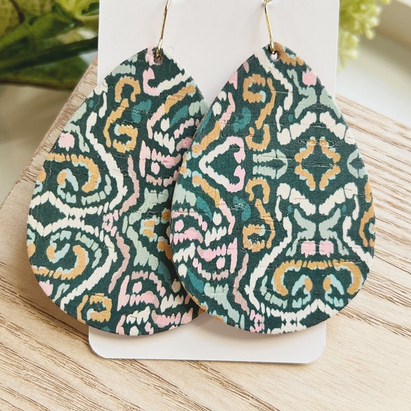 Large size, boho print cork on leather teardrop shape earring