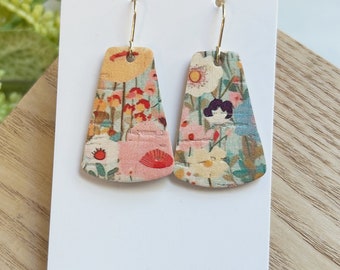 Mini size, boho floral print trapezoid shape cork on  leather earring