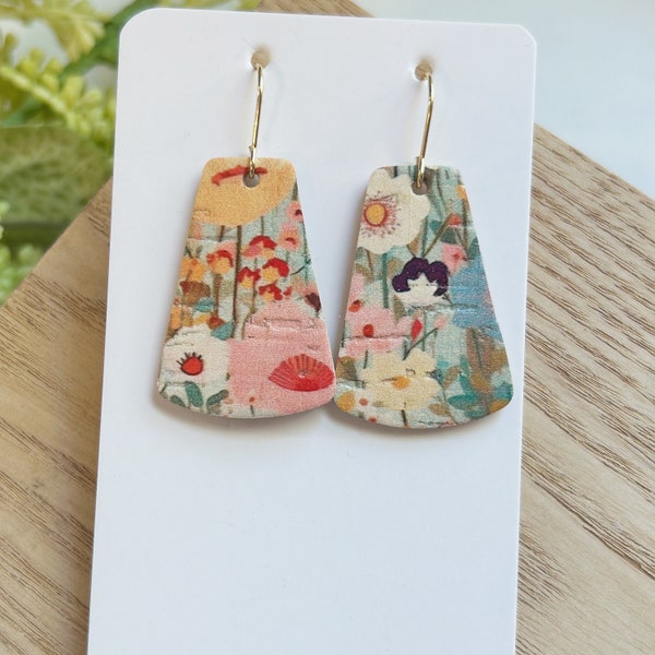 Mini size, boho floral print trapezoid shape cork on  leather earring