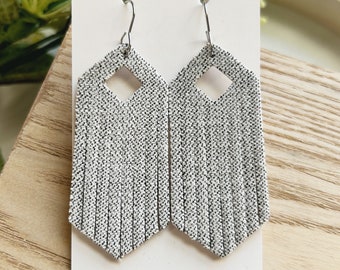 Large size,  ash gray denim texture backed by leather fringe earring