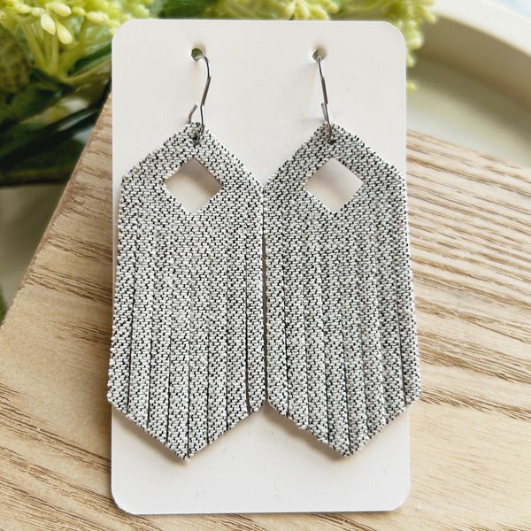 Large size,  ash gray denim texture backed by leather fringe earring