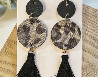 Large size, black and metallic black and silver leopard print  linked leather earring with a black tassel