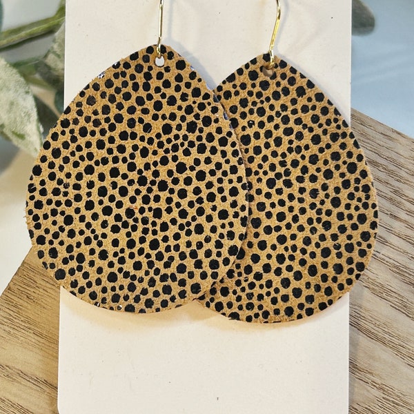 Classic size, mustard and black Dalmatian print leather teardrop shape earring