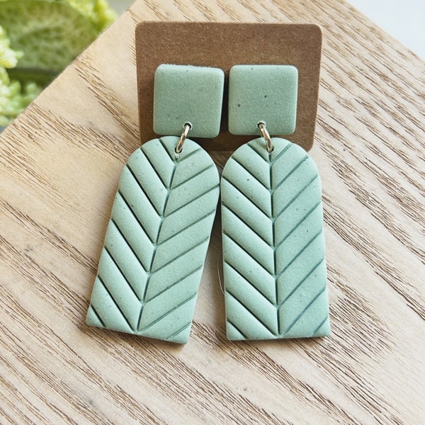 Classic size, sage green specked embossed chevron linked clay earring