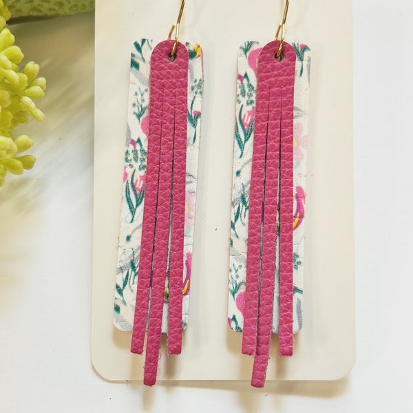 Large size, hot pink floral cork on leather bar shape earring layered with a hot pink fringe