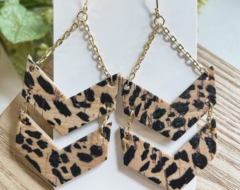 Large size, natural and black cheetah print cork on leather earring on a gold chain