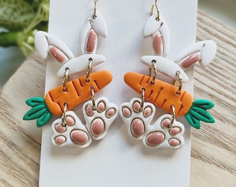 Classic size, Easter bunny and carrot linked clay earring