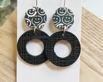 Classic size, black and white smiley face linked leather disc earring