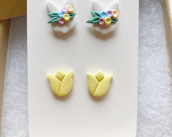 Easter bunny with pastel flowers and yellow tulip clay earring set