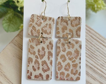 Classic size, rose gold foil embossed leopard print  leather linked rectangle bar earring