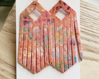 Large size, peach suede leather and iridescent leopard print fringe earrings