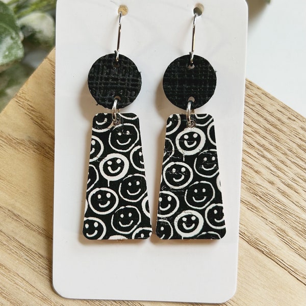 Classic size, black and white smiley face linked leather earring