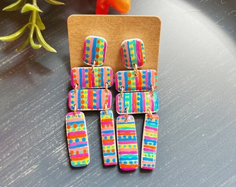 Large size, resin coated bright colors lines and dots linked clay earring