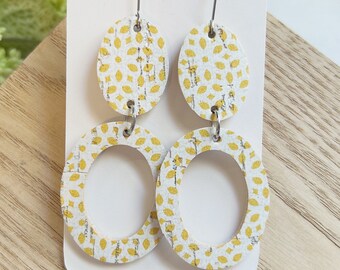 Large size, yellow and white  print cork on leather oval shape linked earring