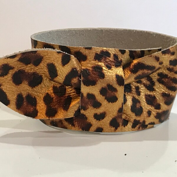 Metallic gold and leopard print, adjustable leather cuff bow bracelet
