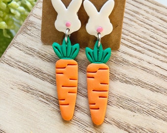 Classic size, Easter carrot clay earring linked to a clay bunny