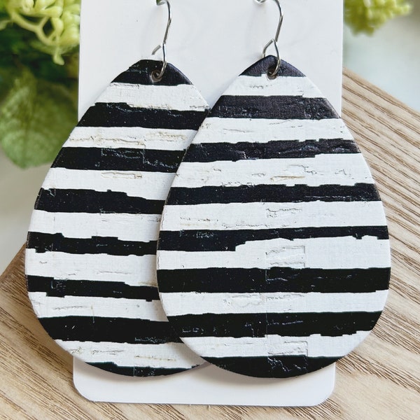 Large size, Black and white stripe cork on leather  teardrop earrings