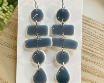 Large size, blue gray ceramic look linked clay dangle earring