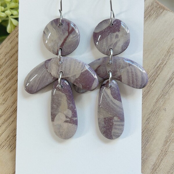 Classic size, plum and cream marbled linked clay earring