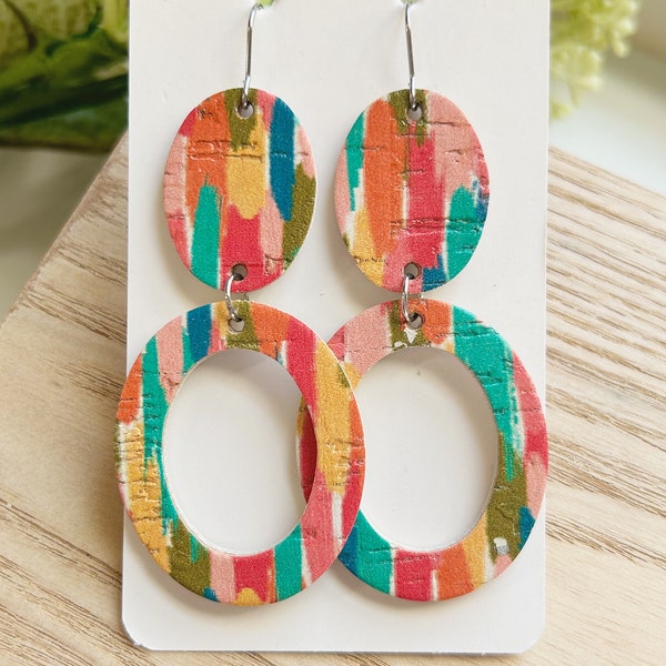 Large size, bright paint strokes print cork on leather oval shape linked earring