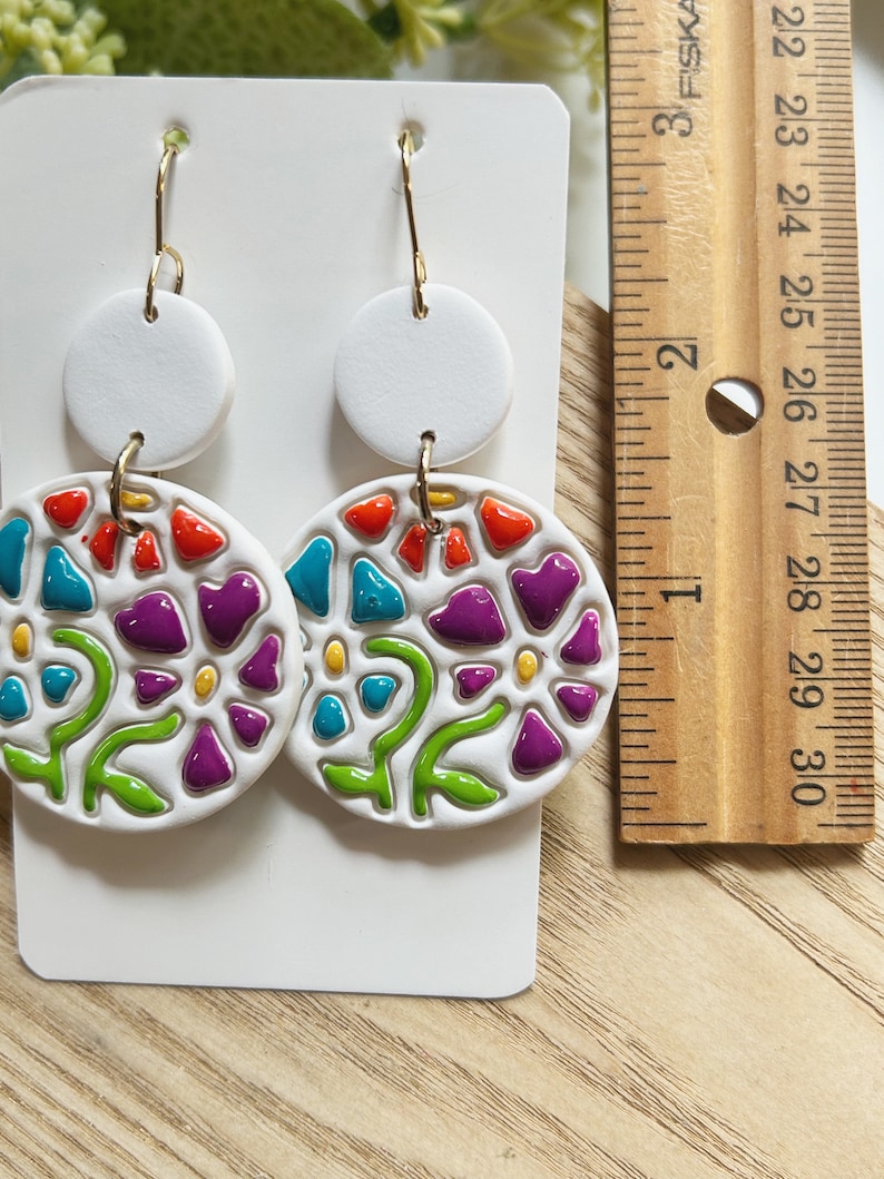 Classic size, bright floral linked clay earring image 2