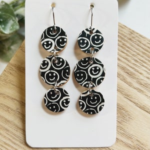 Classic size, black and white smiley face linked leather disc earring image 1