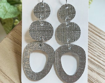 Large size, metallic silver linked leather earring