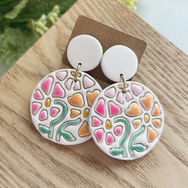 Classic size, ceramic look floral linked clay earring