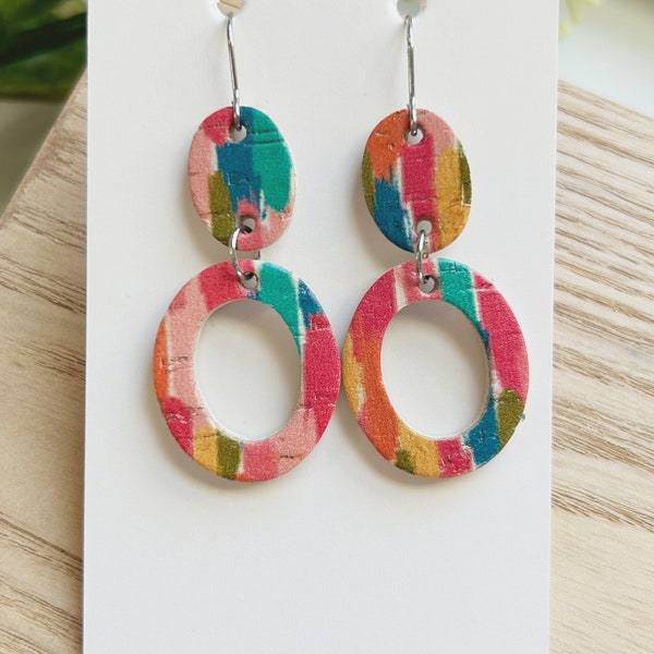 Mini size, bright paint strokes print cork on leather oval shape linked earring
