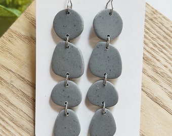 Large size, taupe- gray speckled organic shape linked clay earring