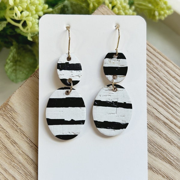 Mini size, black and white striped cork on leather linked oval shape earring