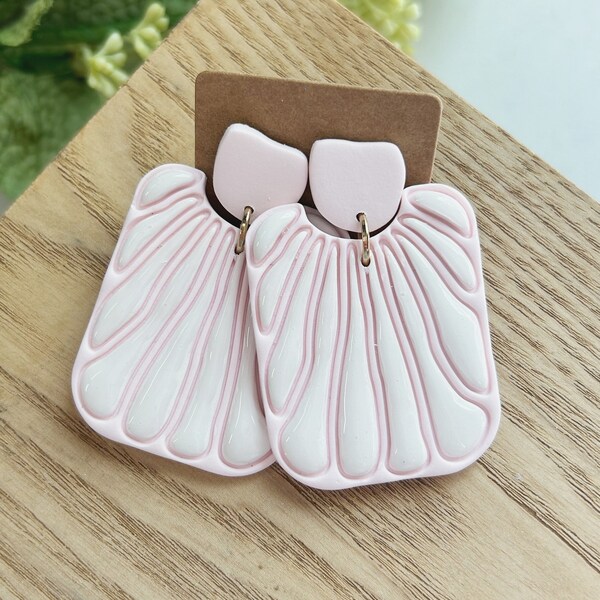 Classic size, pink and white  boho rectangle shape clay earring