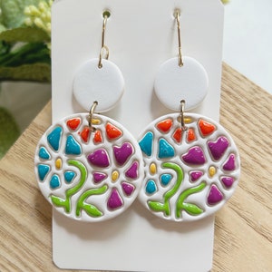 Classic size, bright floral linked clay earring image 1