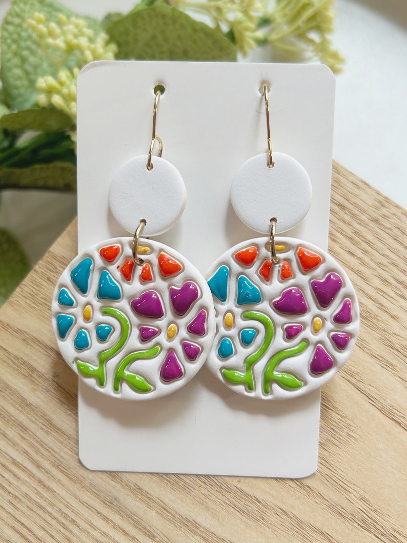 Classic size, bright floral linked clay earring image 1