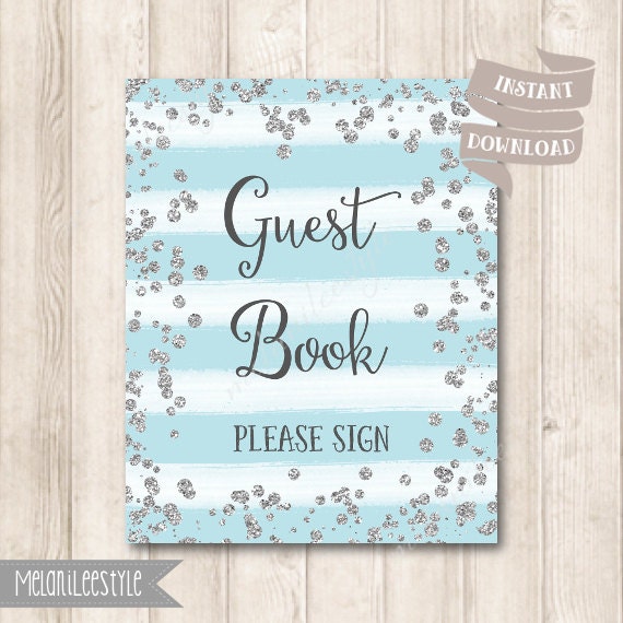 Baby Blue And Silver Guest Book Sign Pastel Blue Striped Etsy