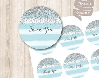 Blue and Silver Thank You Tags, Printable Tags, INSTANT DOWNLOAD