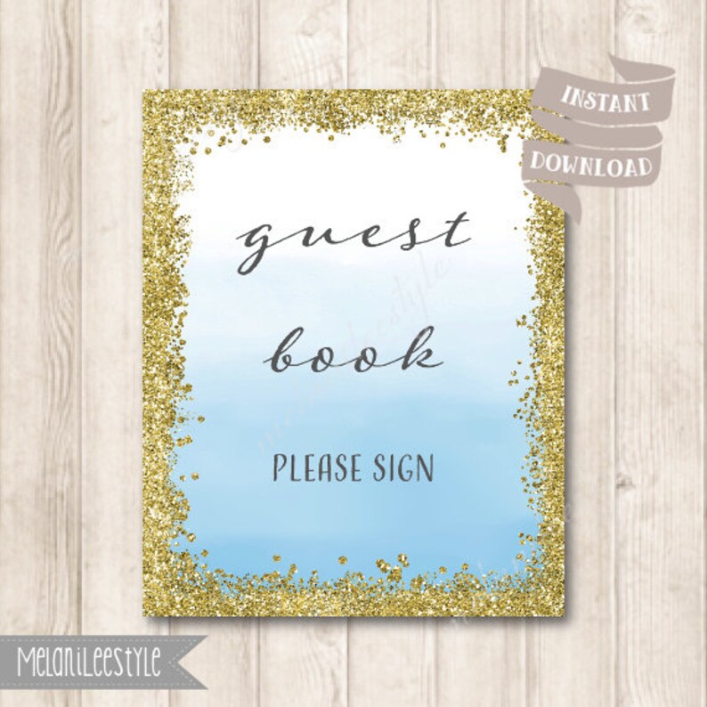 Light Blue And Gold Glitter Guest Book Sign Watercolor Ombre Etsy