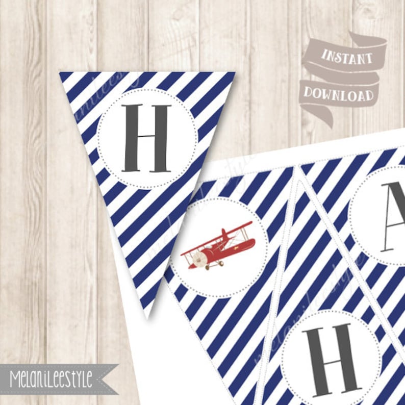 Red Airplane Happy Birthday Banner INSTANT DOWNLOAD Up Up and Away Party Decor Printable Vintage Aeroplane Red and Blue Stripes Bunting