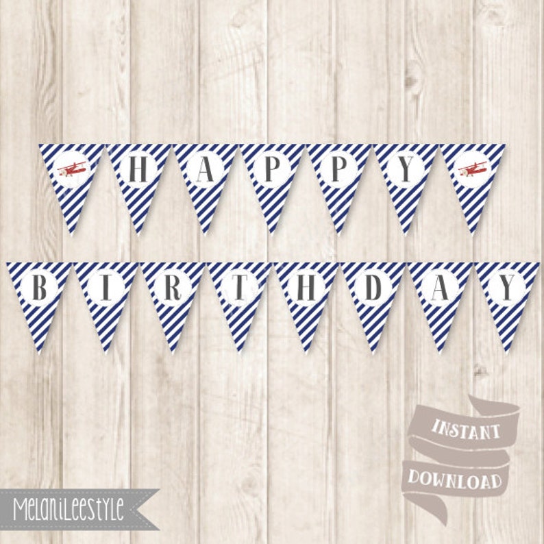 Red Airplane Happy Birthday Banner INSTANT DOWNLOAD Up Up and Away Party Decor Printable Vintage Aeroplane Red and Blue Stripes Bunting