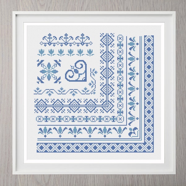 Cross Stitch Borders Pattern Delft | Floral | Instant Download | modern | frame | cottage | holland | border | dutch | sampler | beginner