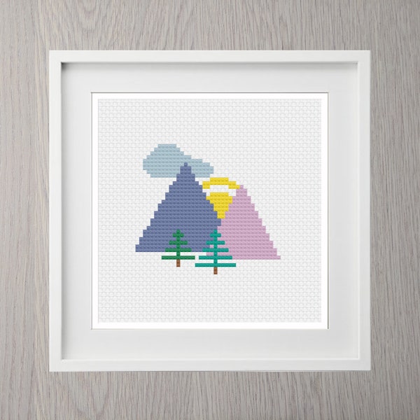 Mountains Cross Stitch Pattern, Instant Download, Modern, mini, Simple, sunrise, trees, mountain, forest, easy, nature, beginner,