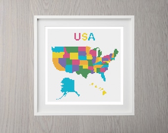 Padrão de ponto cruz do mapa dos EUA, download instantâneo, geografia, moderno, américa, estados unidos