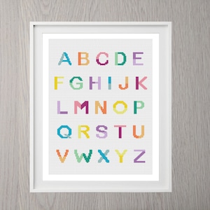 Alphabet Cross Stitch Pattern, Capitals, Instant Download, Font, Type Set, Letters, bright, nursery