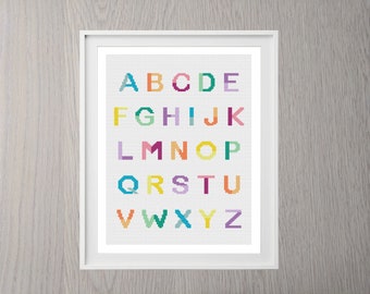 Alphabet Cross Stitch Pattern, Capitals, Instant Download, Font, Type Set, Letters, bright, nursery