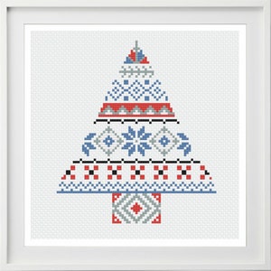 May include: A cross-stitch pattern of a stylized Christmas tree with a geometric design in shades of blue, red, and gray.