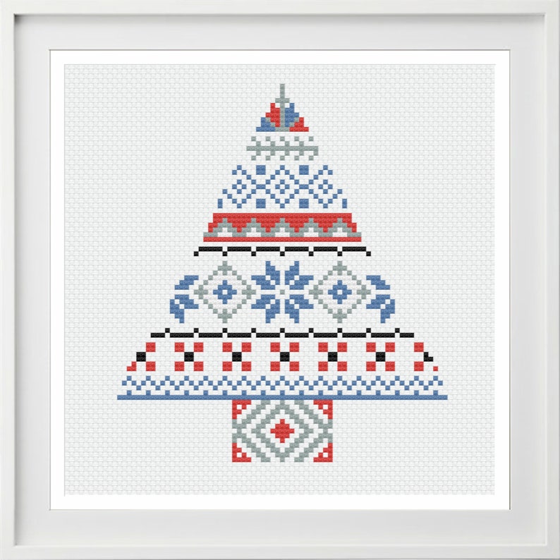 May include: A cross-stitch pattern of a stylized Christmas tree with a geometric design in shades of blue, red, and gray.