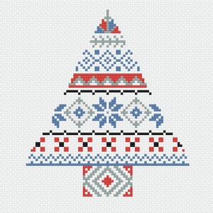 May include: A white, blue, and red cross-stitch pattern of a Christmas tree with geometric designs.
