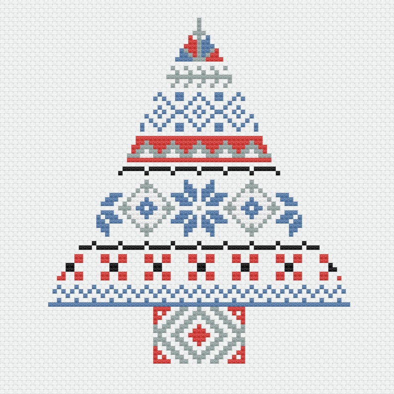 May include: A white, blue, and red cross-stitch pattern of a Christmas tree with geometric designs.