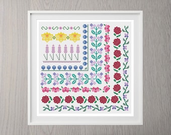 Cross Stitch Borders Pattern | Floral | Modern | Cottage | Instant Download | Border | Sampler | Leaf | Frame | Flowers